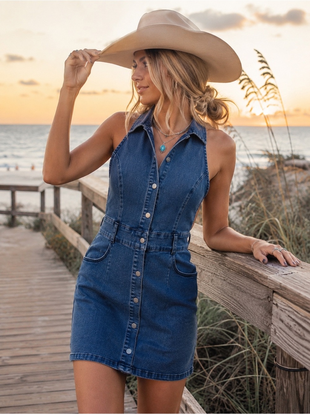 NWT Baevely Stretch Denim Halter Open Back Snap Front Mini Dress M Coastal Boho
